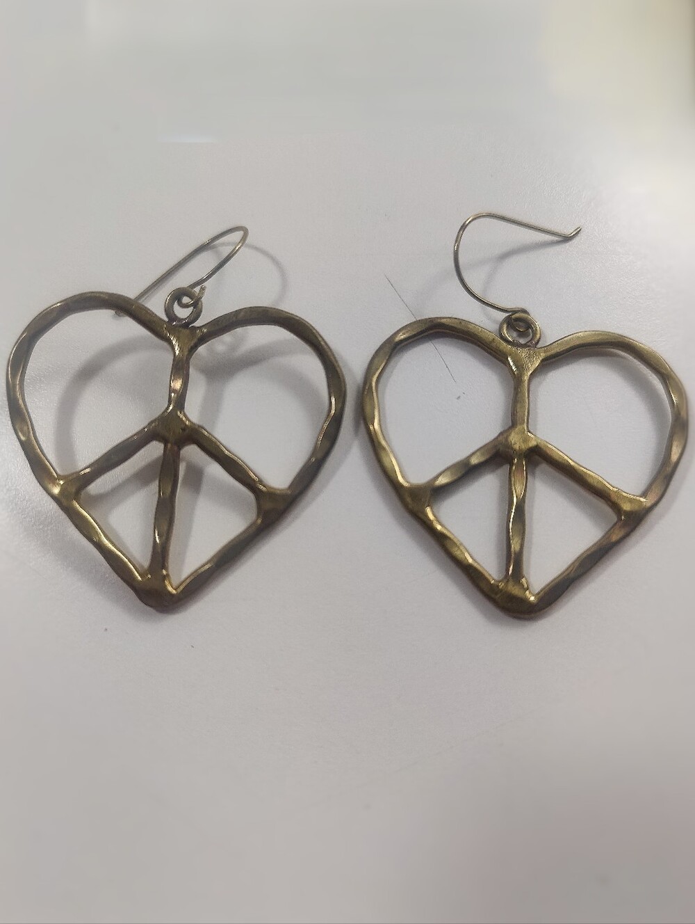 Brass Heart Peace Sign Dangle Earrings Boho Hippie Artisan Vintage Style